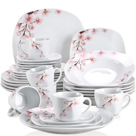 VEWEET Annie Porcelain Dinnerware for 6, 30-Piece Pink Floral Dish Set With Plates and Bowls Including Dinner, Dessert, Soup, Cups & Saucers