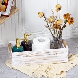 TIMRIS Rustic Wooden Box, Farmhouse Bathroom Decor Box, Wooden Toilet Paper Holder, Toilet Tank Basket, Decorative Storage Container Box (Whitewash)