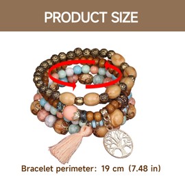 XQMMGO Boho Bracelets Wooden Beads Tassel Bracelet, Chakra Bracelet for Women, Crystal Bead for Women, Tree of Life Charm Statement Bangles (White), Alloy, wooden beads