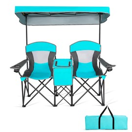 CHEFJOY Double Camping Chair with Canopy, Foldable Loveseat Picnic Chair w/Cup Holders & Carrying Bag, Portable Beach Chair for 2-Person, Adults Outdoor (Turquoise)