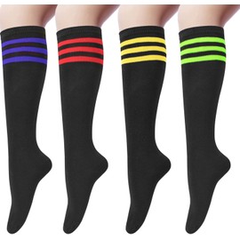Women's 4 Pairs Knee High Casual Solid Knit Socks, Black Stripe(4 Pairs)