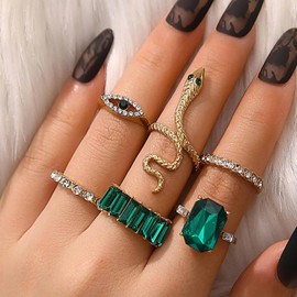 Xduargs Boho Emerald Snake Finger Rings Vintage Crystal Wrap Open Rings Gold Snake Open Ankle Rings Punk Adjustable Stacking Rings Jewellery for Women and Girls, Zinc, No Gemstone