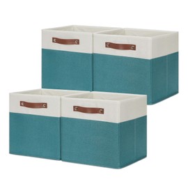 HNZIGE Storage Cubes Bins for Organization Set of 4, Fabric Storage Cube 12 x12, Collapsible Storage Bins Basket Cube with Handles, Canvas for Organizing Shelf Home Nursery(Teal White)