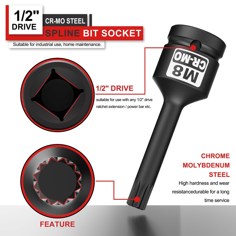 KIRXST Impact Triple Square Spline Bit Socket, 1/2" Drive M8