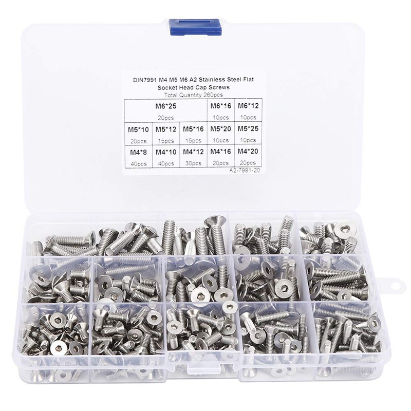 260 Pieces Flat Screw Set M4/M5/M6 Hex Socket Screw, 304