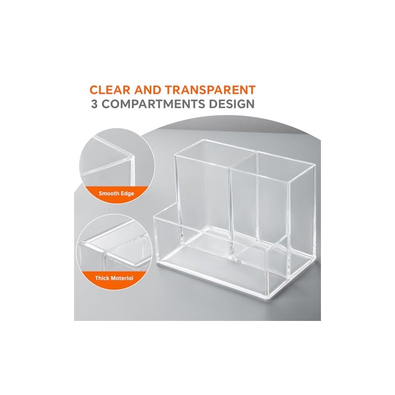 Clear Acrylic Pen Holder with 3 Compartments for Desk Organization
