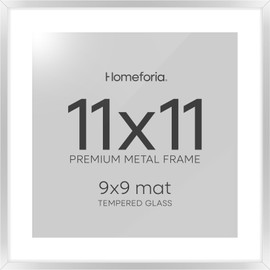 Homeforia 11x11 Silver Picture Frame, High-End Metal Square Frame 11 x 11 Gray for Wall and Tabletop, Silver Photo Frame 11x11 with Mat 9x9, 11x11 Grey Frame, Tempered Glass, Wall Hook Included, Set of 1