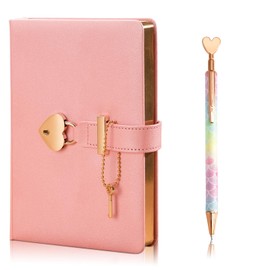 Notebook A6 Journal With Heart Shaped Lock + Heart Ballpoint Pens PU Leather Cover Personal Planner Organizers for Girls and Women Gold Rose