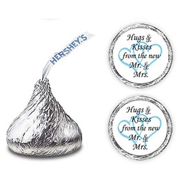 324 Hugs and Kisses from the new Mr. & Mrs. Interlocking Hearts Wedding Stickers, Chocolate Drops Labels For Bridal Shower Engagement Party Decorations, Favors Decor For Kiss. Made in USA (Light Blue)