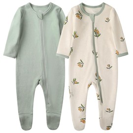 O2 BABY Baby Boys Girls Organic Cotton Zip Front Sleeper Pajamas, Footed Sleep 'n Play（0-3 Months, Olive & Sage）