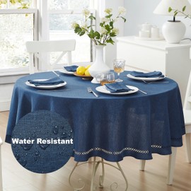 Newbridge Fabric Round Tablecloth, 70 Inch, Fall Provence Lattice Cutwork Solid Color Textured, Water and Stain Resistant Easy Care Fabric Table Cloth for Parties and Buffets, Denim Blue