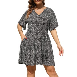 Nemidor Womens Plus Size Floral Print Boho Casual Layered Swing Skater Dress with Pocket NEM299 (16, Black Leopard)