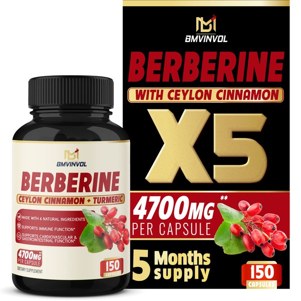 Berberine Supplement Equivalent to 4700mg - 5 Months Supply - High Potency with Ceylon Cinnamon - Supports Immune System, Cardiovascular & Gastrointestinal Function - Berberine HCl Pills