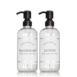 Artanis Home Clear Refillable Hand Soap and Lotion Dispenser Set for Bathroom Sink - PET Plastic Pump Bottles with Labels for Soap and Lotion - Waterproof Labels - 16 oz, 2 Pack