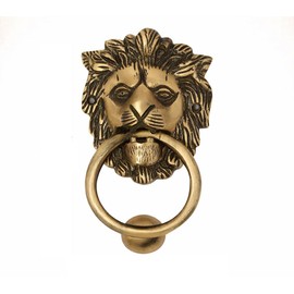 HANDTECHINDIA Brass Door Knocker Hand-Etched Carved Gate Knocker Handle Pull Home Decor Hardware Lion Head Design Golden Color 5.5 Inches