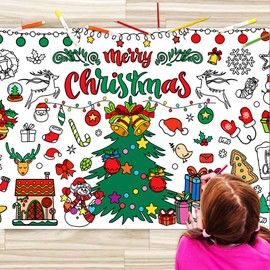 BAOXUE Christmas Coloring Tablecloth for Kids, 72 * 31 in Giant Christmas Coloring Banner Posters Holiday Paper Tablecloths, Christmas Party Activities Christmas Crafts for Kids