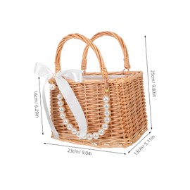 CHILDWEET Handwoven Wicker Flower Girl Basket with Pearl Chain Ribbon Bow Decorative Boho Basket for Weddings Home Decor and Special Occasions Versatile Small Bag for Flowers and Storage