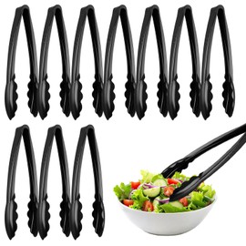 Acidea 9Inch Plastic Serving Tongs, 10Pcs Black Reusable or Disposable Tongs, Kitchen Party Food Buffet Appetizers Barbecue Event Salad Tongs Utensils Set for Dining