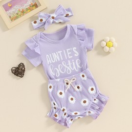 NZNDSHD Aunties Bestie Baby Clothes Girl Newborn Infant Girls Summer Outfit Short Sleeve Romper Daisy Short Headband Set (Purple Aunties, 3-6 Months)