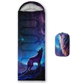 AILONEN Wolf Sleeping Bag,3 Season Warm and Cool Weather,Lightweight,Waterproof,Wild Animala Night Sky Wolfs Sleeping Bag for Boys Girls Kids Adults,Traveling,Outdoors