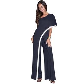 KOH KOH Plus Size Womens Short Sleeve Pockets One Off Shoulder Asymmetric Long Pant Pantsuit Romper Bridesmaid Wedding Guest Formal Work Office Jumpsuit Outfit, Dark Navy Blue & White 4XL 26-28