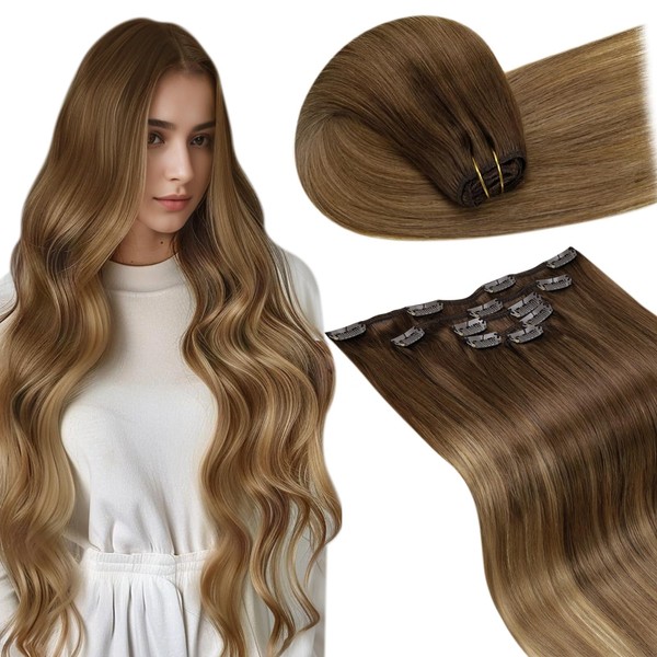 LaaVoo Hair Extensions Clip ins Ombre Medium Brown to Light Brown Mix Golden Blonde Balayage Clip in Hair Extensions Real Human Hair Balayage Brown Clip in Extensions for Short Hair 12 Inch 80G 5pcs