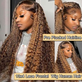 Highlight Lace Front Wig Human Hair 180% Density Brazilian Wet and Wavy Human Hair Wigs for Black Women Curly P4/27 Colored 13x4 Lace Frontal Wigs Human Hair (P4/27 Highlight Color, 32 Inch)