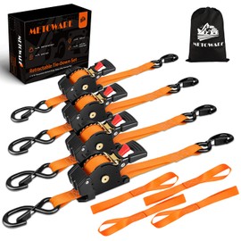 METOWARE Retractable Ratchet Straps (4-Pack) - 1 in x 10 Ft (1500lb Break Strength) - Heavy Duty Auto Self Retracting Tie Down Straps for Truck, Trailer, Cargo Van, Motorcycle - Orange