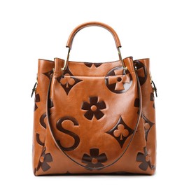 Travistar Floral Handbags and Purses Women - Retro Embossed Leather Top Handle Handbag Set Large Women's Shoulder Bag Trendy Hobo Purse Ladies Bucket Satchel Bags Chic Work Tote with Pouch Brown