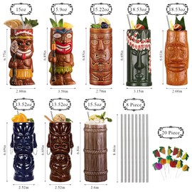 SUN GKOTTA Cocktail Tiki Mugs Set Of 8 - Cute Ceramic Hawaiian Style Cocktail Glasses For Party And Tropical Tiki Bar，Mai Tai Drinkware