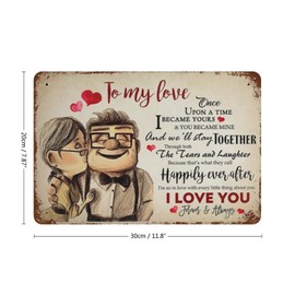 VIOFLOW Vintage Metal Tin Sign Carl and Ellie to My Love Once Upon A Time I Became Yours I Love You Valentine's Day Sign Funny Novelty Kitchen Bar Garage Home Decor Wall Art Tin Signs 8X12 Inches