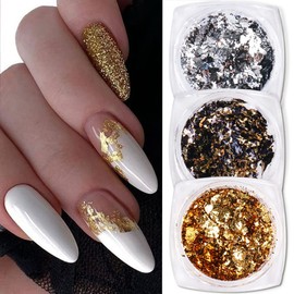 Gold Nail Art Foil Glitter Flakes Nail Powder Sequins 3D Sparkly Aluminum Foil Flake Nail Art Supplies for Nails Chrome Powder Holographic DIY Winter Manicure Decorations 3 Boxes