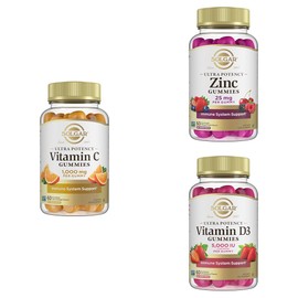 SOLGAR SOLGAR Immune Support Gummies for Adults Bundle: Vitamin C 1,000mg, 60 Servings + Zinc with 25mg, 60 Count + Vitamin D3 5,000IU 60 Servings