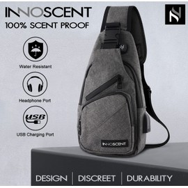 INNOSCENT Smell Proof Sling Bag Backpack - COMBINATION LOCK - Shoulder Crossbody Bag With USB/Headphone Charging Port Black (Light Grey)