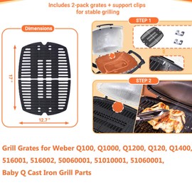Uniflasy 7644 Cast Iron Cooking Grates for Weber Q100, Q1000, Q120, Q1200, Q1400, 516001, 516002, 50060001, 51010001, 51060001, Baby Q Gas Grill, 2 Pack