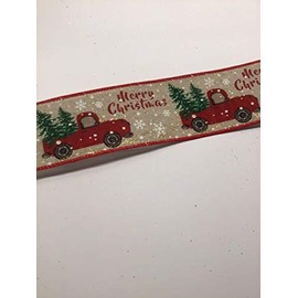 MIABE Ribbons Supplies for 10 Yds - 2 1/2” Wired Red Truck with Christmas Tree Faux Burlap/Linen Ribbon for DIY Craft, Gift Wrapping, Christmas Wreaths Decoration.