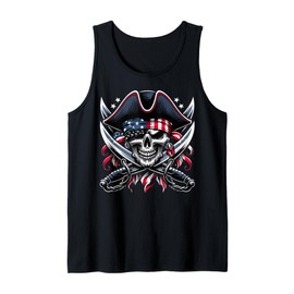 Skeleton 4th of July Pirate Men USA Skull American Flag Tank Top