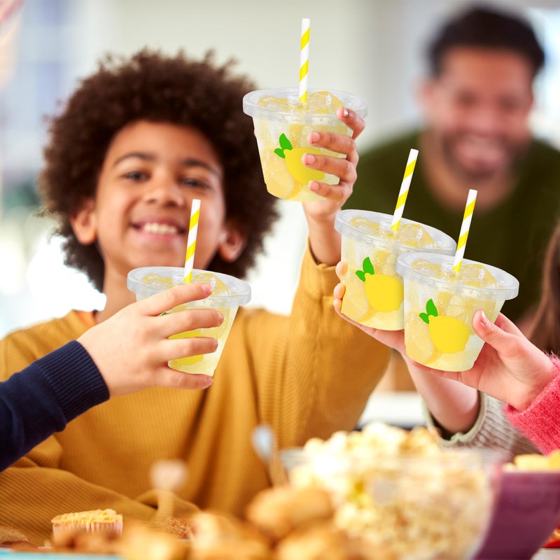 Whaline 100Pcs Lemon Disposable Plastic Cups with Lids and Straws