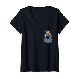 Womens Cute Pocket Rhino Safari Animal Lovers V-Neck T-Shirt