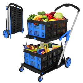 Two Layers Folding Shopping Cart | Multi Use Functional Collapsible Carts | Shopping Trolley with Wheels | Shopping Cart with Storage Crate | Utility Cart for Groceries, Warehouse,Supermarket.Blue - size: 60L Portable Collapsible Storage Crate (blue)