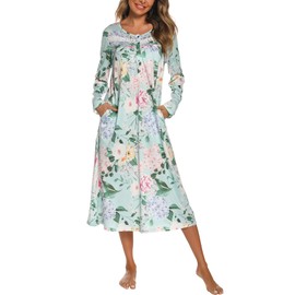 YOZLY Nightgowns for Women Cotton Long Sleeve Night Gwon Ladies House Dress Floral Green, Small
