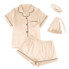 LILLUSORY 4Pcs Women Silk Pajama Set Summer 2025 Satin Pjs 2 Piece Suit Lounge Scrunchies Lady Sleepwear Matching Clothing Gold L