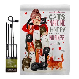 Cat Crazy Lady Garden Flag Set with Stand Animals Kitten Meow Spoiled Paw Fur Pet Nature Farm Animal Creature Small Decorative Gift Yard House Banner Made in USA 13 X 18.5