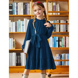 Arshiner Kids Dress Fall Long Sleeve Formal Tween Casual Flowy Swing Dresses Navy Size 5