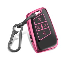 QBUC for Volkswagen Key Fob Cover, TPU Protection Key Case 5 Buttons Compatible with VW Tiguan Atlas Jetta Passat Golf Alltrack Arteon Accessories Smart Key (Black-Pink)