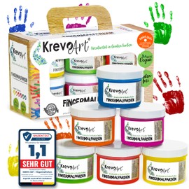 Krevo Art Finger Paints, Finger Paints for Children, 6 Bright and Opaque Colours, 60 ml each, Washable, Can be Painted with Brush, Sponge, Fingers and Feet