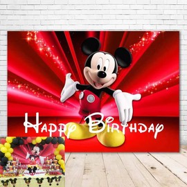 VV Backdrop Happy Birthday Mickey Mouse Theme 7x5 Vintage Black and Red Mickey Mouse Background for Kids First Birthday Vinyl Sparkly Red Backgrounds Mickey Mouse for Party