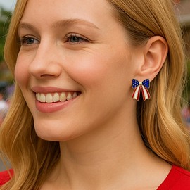4th of July Patriotic Earrings, Gold Bow Shaped Red White and Blue American Flag Earrings for Women Independence Day Patriotic Decorations, E34J