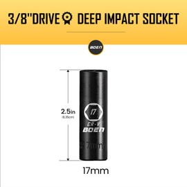 BOEN 3/8" Drive Deep Impact Sockets, Premium Impact Socket, 17mm Socket, Metric, 6 Point,Cr-V Steel with Laser Marking - Strong and Durable