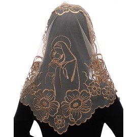 Bozidol Catholic Church Veil Traditional Mass Mantilla Chapel Lace Scarf Triangle Orthodox Prayer Veil (Brownish yellow)